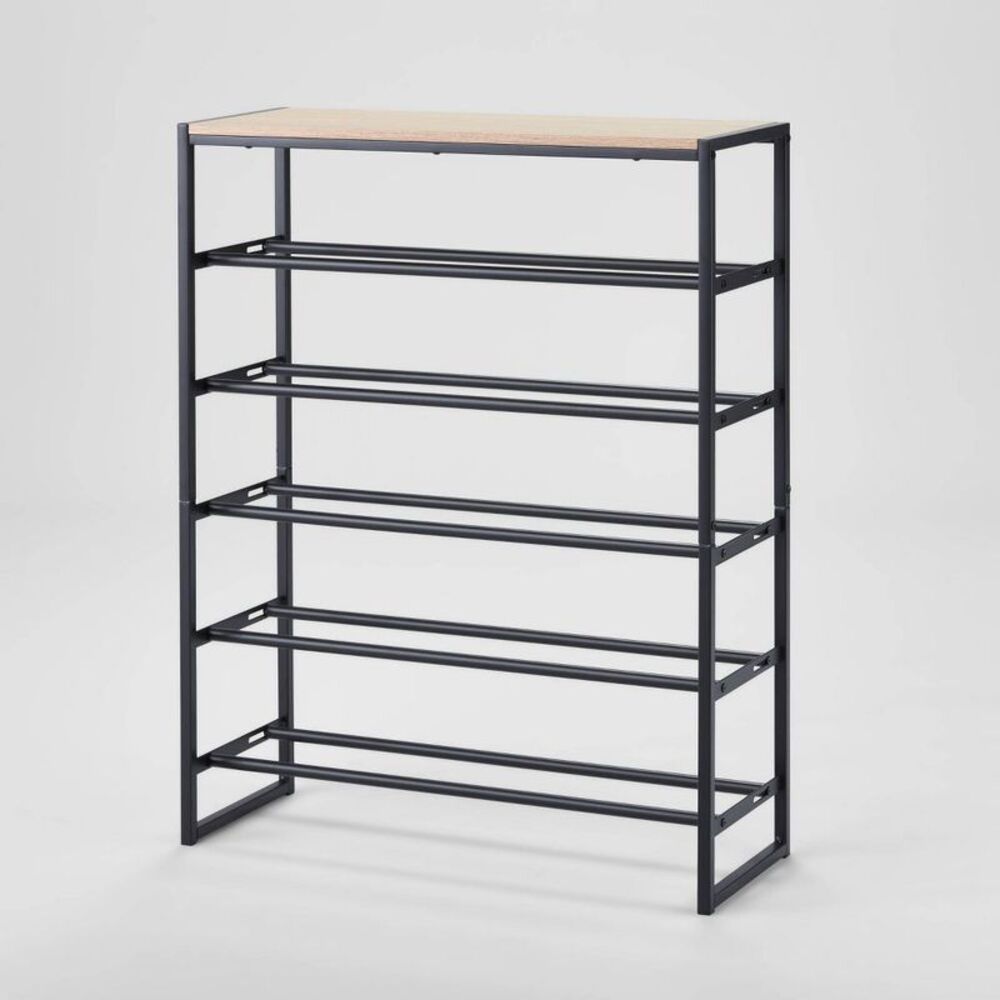 5 Tier Shoe Rack Black Metal with Natural Wood - Brightroom